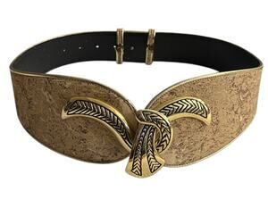 Vtg Belt Julius Resnick Y2K Wide Faux Cork Gold Hook Buckle Boho Hippie Adjustab